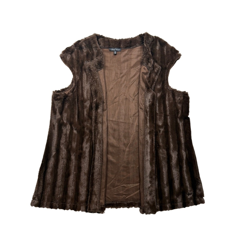 Slinky Brand 1X Brown Faux Fur Long Vest Open Front Made in USA Plus Size